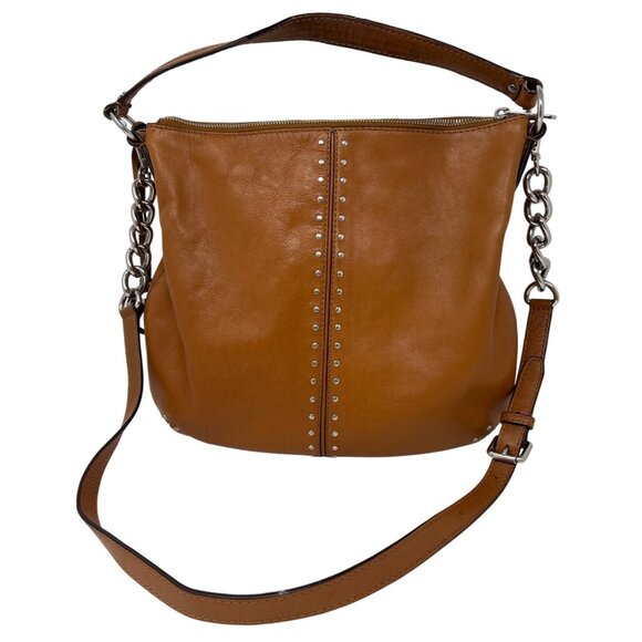 Michael Kors Astor Tan Saddle Leather Studded Silvertone Handbag Purse Tote - Picture 1 of 16